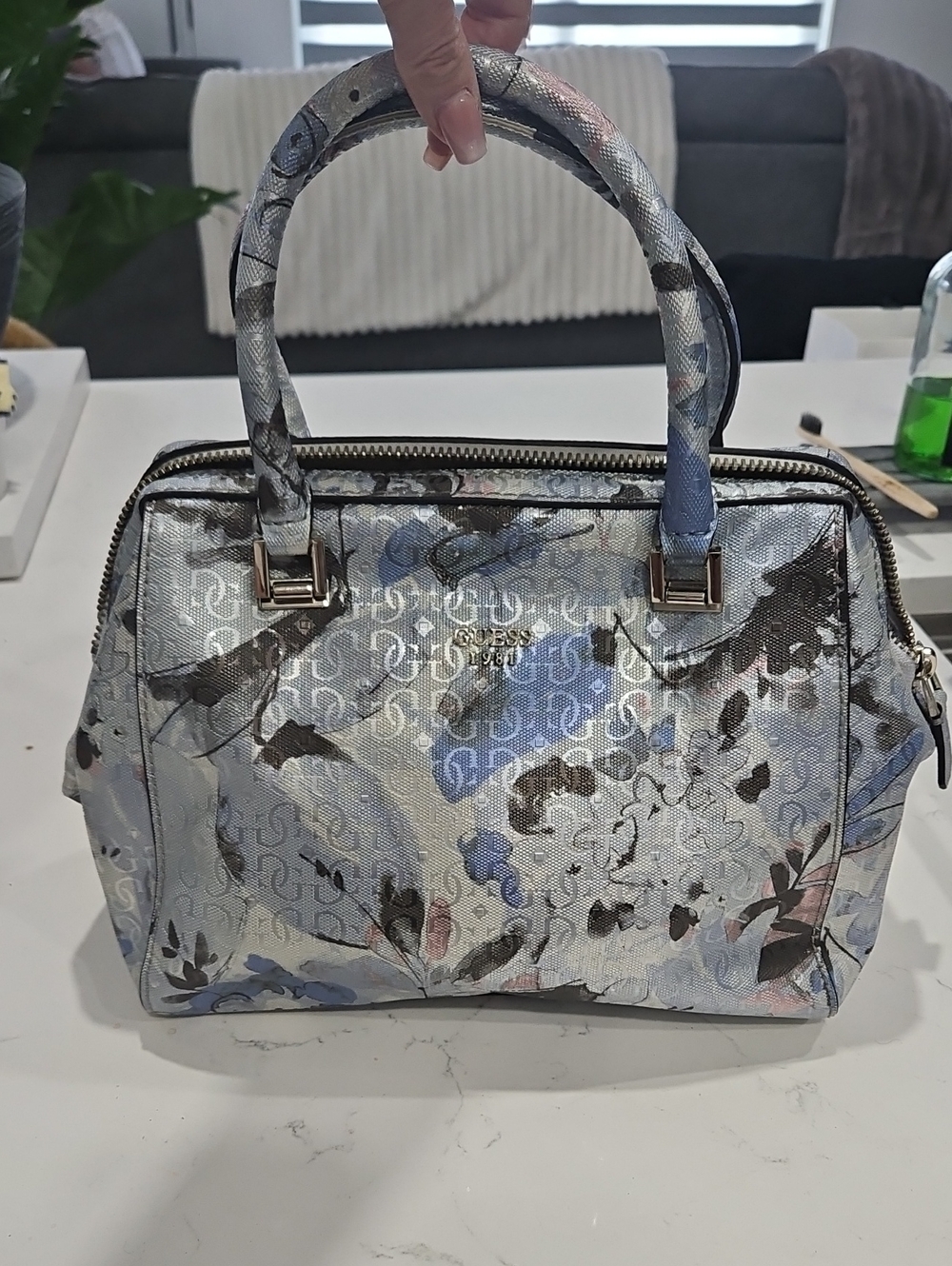 Guess Silver and Blue Floral Monogram Satchel